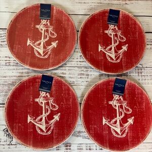 NAUTICA Red White Anchor Distressed Look Melamine Dinner Plates Set of 4 NWT